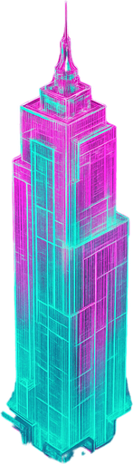 Massive futuristic neon hologram skyscraper top down isometric poking out of clouds from above elaborate cyberpunk architecture glowing pink green projection hologram 3d