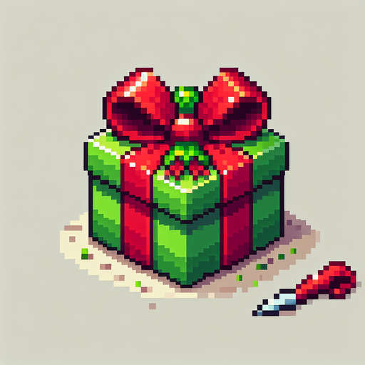 Pixel art of a green christmas present with red ribbons. Single Game Texture. In-Game asset. 2d. Blank background. High contrast. No shadows.