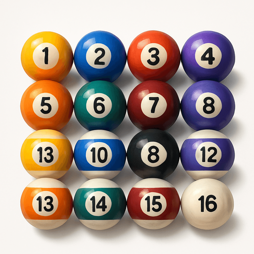 16 ball of billiard, 3D colors, 3d texture, HD colors.
In-Game asset.  High contrast.  No shadows. 3D