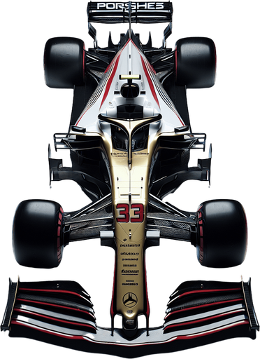 Photorealistic Porsche F1 race car, top view. 
Golden logo on car nose.
White body with black rear and front wing.
Very thick red lines on body from front wing to rear wing. 
Replace Porsche text to white coloured ,,Porshe" text on rear wing.
