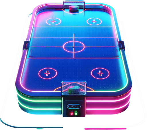 air hockey table with neon lights. top view.
Single Game Texture. In-Game asset. 2d. Blank background. High contrast. No shadows.