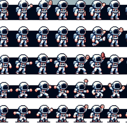 pixelart. A spritesheet containing a number of different views of tiny astronauts in various poses and views, some facing to the sie, some to the front, some with one arme raised, some in midjump, some waving. All with heltmets on. Sprites should be laid out in a rectangular grid with empty space betweem them..
Single Game Texture. In-Game asset. 2d. Blank background. High contrast. No shadows.