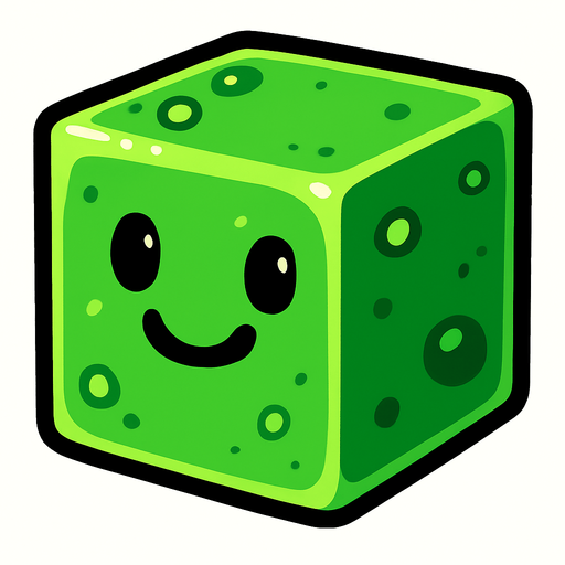 Cubo de slime con cara feliz.
In-Game asset.  2d.  High contrast.  No shadows