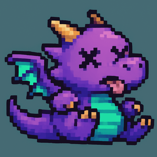 A pixel art version of the baby dragon character shown in a defeated state, designed for a 2D side-scrolling game. The dragon appears to be falling or lying on its back, with X-shaped eyes or closed eyelids. Its wings are limp and slightly spread, the tail droops, and its mouth is slightly open with a small tongue sticking out. The overall design remains cute and fantasy-inspired, with a cartoonish touch, but clearly shows the dragon is no longer active or alive. The colors and features should match the flying version for consistency.