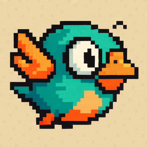A unique pixel art bird character designed for a 2D side-scrolling game. The bird has a round, compact body and large expressive eyes. Its feathers are colorful, with shades of turquoise and orange, and it has small flapping wings. It has a slightly cartoonish look, with a tiny beak and simple outlines. The bird is seen from the side and appears mid-flight, with its wings lifted. The overall design is cute and distinct from Flappy Bird, but still fits in a retro-style arcade game..
In-Game asset.  2d.  High contrast.  No shadows. pixel art. side view. game character. cute. retro style. colorful