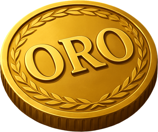 High-resolution digital illustration of a single gold coin lying flat, embossed in the center with the word ‘ORO’ in bold, elegant capital letters. The coin features a finely detailed rim pattern (e.g. laurel wreath or rope motif), a polished metallic surface with realistic reflections and highlights, and a slight bevel on the edges. Dramatic side lighting casts soft shadows, set against a dark gradient background for contrast. Rendered in a semi-realistic 3D style.
In-Game asset.  2d.  High contrast.  No shadows