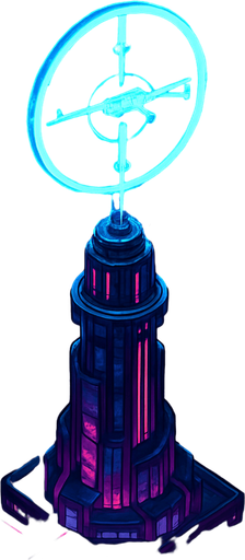 Top down isometric neon cyberpunk anime talk futuristic tower spire 3d sniper bullseye gun symbol glowing hd large hologram over top