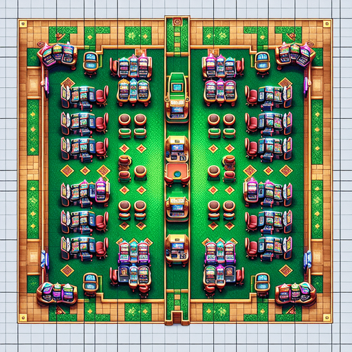 Typical cassino floor with green carpet and slot machines lined on the edges of the screen. It should fit the entirety of the screen. It is a topdown view. Single Game Texture. In-Game asset. 2d. Blank background. High contrast. No shadows.
