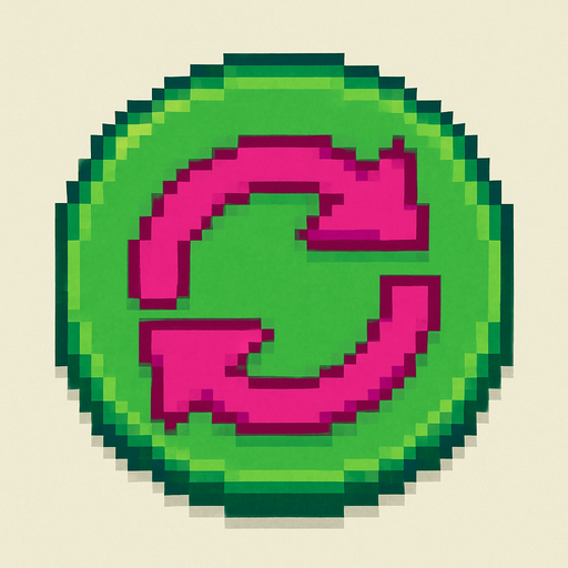 A green circular button featuring a fuchsia-colored refresh icon, designed in Pixel Art style.