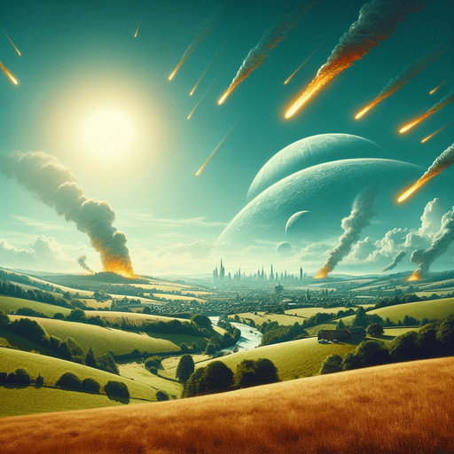 sunny day, hilly landscape. there is an alien invasion taking place in the distance. cities burning.