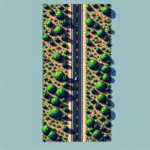 Top view of an empty road without lines from top to bottom.
overhead view.  Pixel art