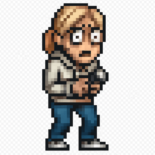 Create a pixel-art main character sprite of a scared blonde woman for a 2D horror survival game. She should have light blonde hair (shoulder length or tied in a ponytail), wide anxious eyes, and a pale complexion. Her outfit should be casual: a light-colored shirt or hoodie, jeans, and sneakers. The character should appear visibly nervous or frightened – slightly hunched posture, hands close to body, maybe holding a flashlight. Include subtle animation or idle pose showing fear. Style should match retro horror games. PNG with transparent background, front-facing idle stance..
In-Game asset.  2d.  High contrast.  No shadows