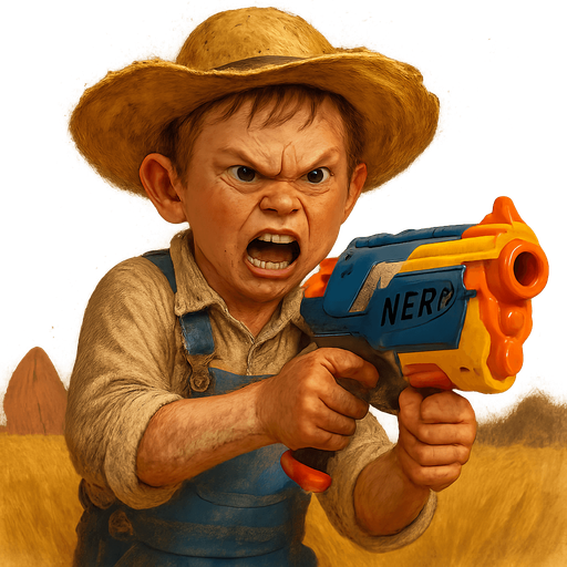 Make a farm boy with a nerf gun also make him very angry