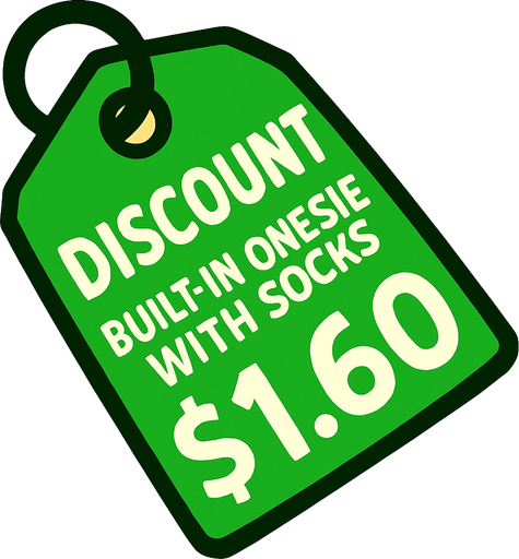 Green pricetag that says discount built in onesie with socks $1.60.
In-Game asset.  2d.  High contrast.  No shadows