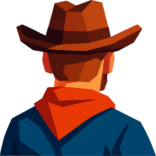 lowpoly cowboy head from behind player hero good side.
In-Game asset.  2d.  High contrast.  No shadows