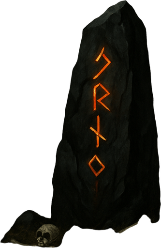 A windswept plain with a cursed black stone monolith, glowing runes etched into it, bones scattered around, storm clouds looming, realistic.
In-Game asset.  2d.  High contrast.  No shadows