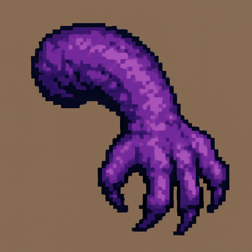 2d pixel art high quality purple monster arm with 3 finger hand.
In-Game asset.  2d.  High contrast.  No shadows