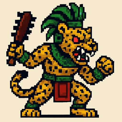 Genérame una Jaguar guerrero azteca con eso patrones, estilo pixelar, con una apariencia maligna, ojos rojos, rabioso. Unidad cuerpo a cuerpo.
In-Game asset.  2d.  High contrast.  No shadows