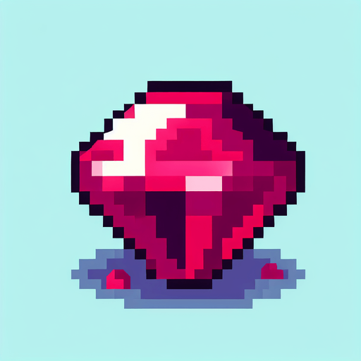 A ruby. Pixel art..
Single Game Texture.  In-Game asset.  2d.  Blank background.  High contrast.  No shadows