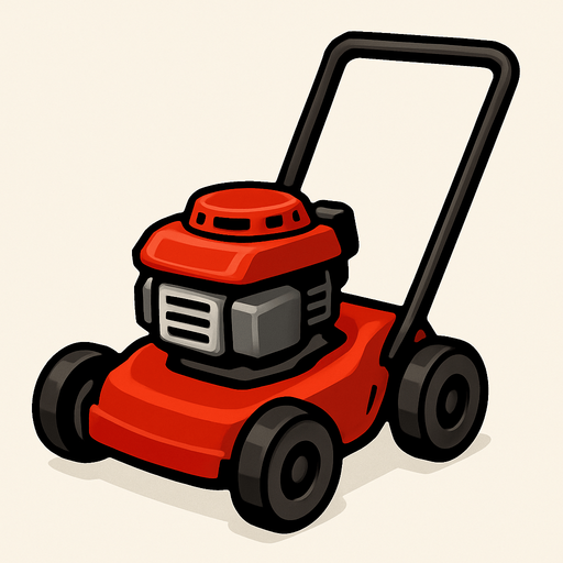 Una podadora de césped compacta y robusta, predominantemente de color rojo vibrante. Tiene un motor gris con una tapa roja en la parte superior. Cuenta con cuatro ruedas pequeñas y oscuras, y un mango largo y negro en forma de "U" invertida que se extiende hacia atrás..
In-Game asset.  2d.  High contrast.  No shadows