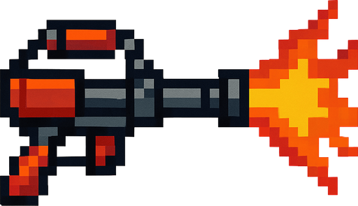 Flamethrower gun pixel.
In-Game asset.  2d.  High contrast.  No shadows