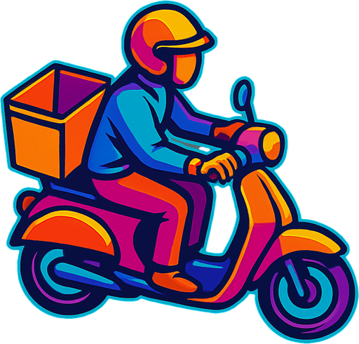 A moped courier riding a moped with a food carrying basket with the top open and no lid on the back of the moped. Top down view with the moped pointing fully sideways.