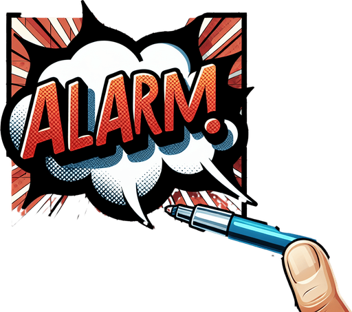 "ALARM" text bubble, comic style.
Single Game Texture. In-Game asset. 2d. Blank background. High contrast. No shadows.