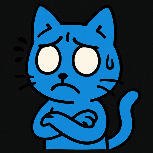 Un gato azul sin pupilas preocupado.
In-Game asset.  2d.  High contrast.  No shadows