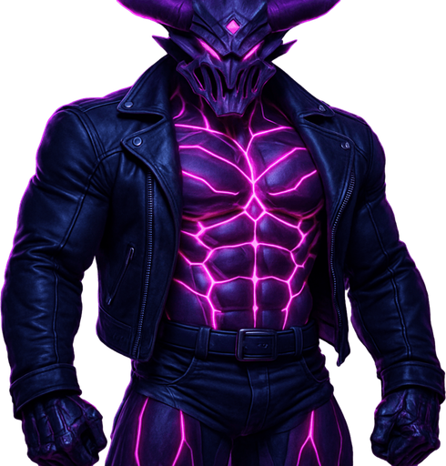 Black leather biker jacket longsleeves bare segmented neon cyberpunk pecs abs muscles robot monster hunk