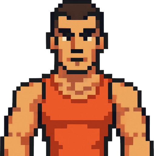 Hombre atlético mirando a la cámara pixel art.
In-Game asset.  2d.  High contrast.  No shadows