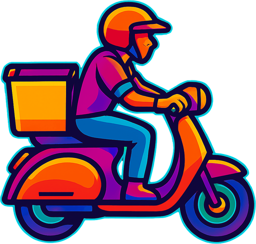 A moped courier riding a moped with a food carrying basket with the top open and no lid on the back of the moped. Top down view with the moped pointing fully sideways.