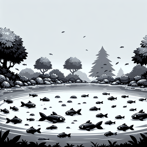 yuvarlak balıklı göl.
Single Game Texture.  In-Game asset.  2d.  Blank background.  High contrast.  No shadows