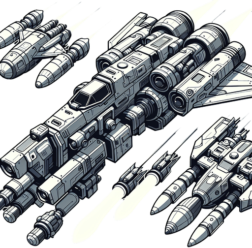 Space shooter with high weapons like missile and cannon.
Single Game Texture.  In-Game asset.  2d.  Blank background.  High contrast.  No shadows. 3d