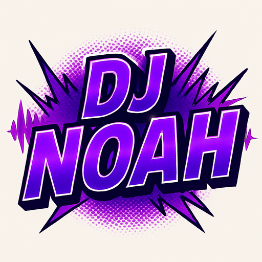A bold, comic-style game title reading 'DJ NOAH' in large uppercase letters. The text features a deep electric purple gradient with sharp highlights and bold white outlines, styled like a dramatic comic book title splash. Subtle halftone textures and a radial glow enhance its dynamic look. Behind the text, abstract comic-style sound wave elements stretch outward in purple and magenta hues. The composition is punchy, modern, and dramatic — designed as a central UI graphic with transparent background for in-game use. 2D, high contrast, no drop shadow..
In-Game asset.  2d.  High contrast.  No shadows