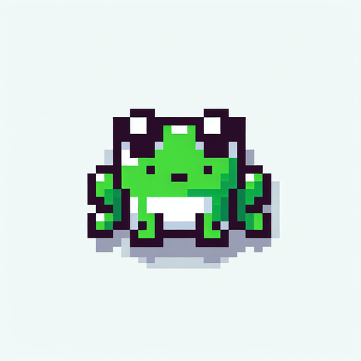 pixel art of a flat green frog, top down view.
White background, high contrast, shadowless.
