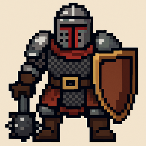orta çağ ağır düşman pixel art.
In-Game asset.  2d.  High contrast.  No shadows