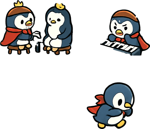4-panel comic strip, no text, cute cartoon style, bright colors, black outlines.
Characters: Penguin Hero (small, determined) + Penguin Princess (elegant, crown) + Village Penguins
Central Theme: Music connects hearts, piano mastery wins love. Story: Hero's biggest challenge - public performance disaster

Panel 1: Hero attempts to play for Princess at village gathering
Panel 2: Makes terrible mistakes, wrong red notes everywhere, crowd looks shocked
Panel 3: Princess looks disappointed, Hero devastated and embarrassed
Panel 4: Hero runs away, hiding behind ice block, feeling defeated
In-Game asset.  2d.  High contrast.  No shadows