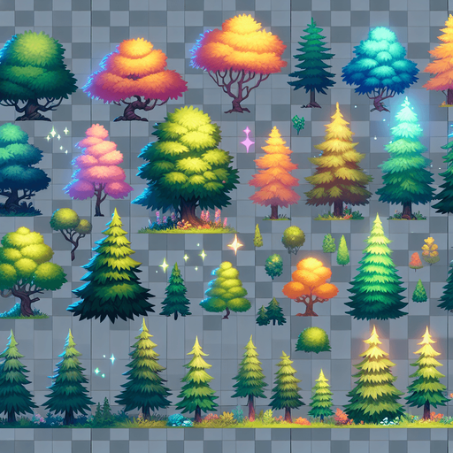 A group of stylized mid-ground trees for a vibrant 2D side-scrolling game. The trees should be clustered together, featuring a mix of pine and deciduous trees with slightly exaggerated shapes and soft shading. The colors should be rich and vibrant, blending well with a semi-realistic fantasy environment. Some trees should have glowing highlights on the edges for a magical effect. The background should be slightly blurred to create depth, with a painterly texture.".
Single Game Texture.  In-Game asset.  2d.  Blank background.  High contrast.  No shadows