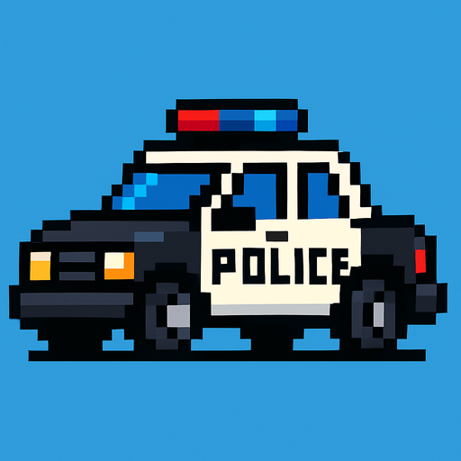 2d pixel art police car.
In-Game asset.  2d.  High contrast.  No shadows