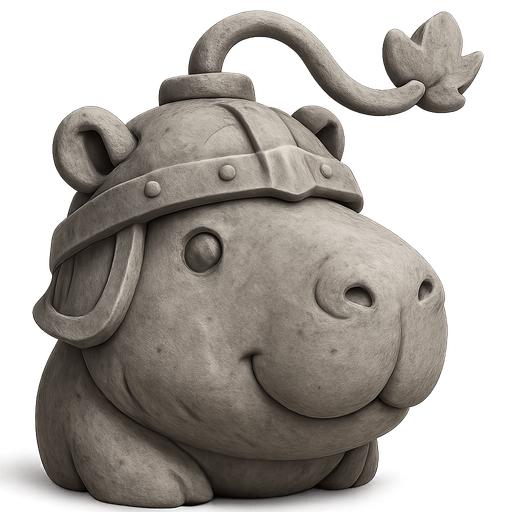 Recrealo en una escultura. Utiliza un estilo cartoon. Usas colores grises. Recuerda que es un capibara usas sus rasgos y formas. Damelo sin fondo