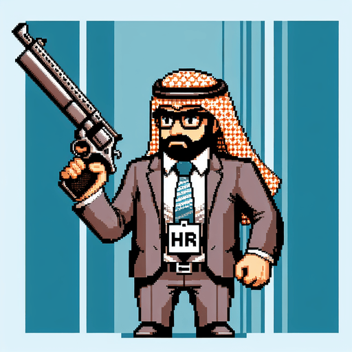Single Game Texture. In-Game asset. 2D. Blank background. High contrast. No shadows. A pixel-art HR professional wearing a suit and tie, glasses, and holding an oversized cartoonish gun. The character should have a confident stance, professional yet whimsical, styled for a retro game.
Single Game Texture. In-Game asset. 2d. Blank background. High contrast. No shadows.