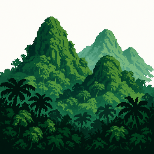 Generame una montañas de selva pixelar en fondo blanco, cercanas.
In-Game asset.  2d.  High contrast.  No shadows