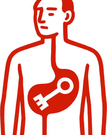 a drawing pic showing key is inside stomach of the body.red lines of the body!
In-Game asset.  2d.  High contrast.  No shadows