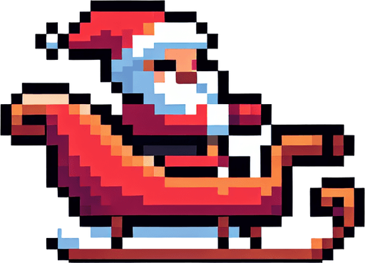 pixelart. christmas. santa in sleigh. from the side. flying. Single Game Texture. In-Game asset. 2d. Blank background. High contrast. No shadows.