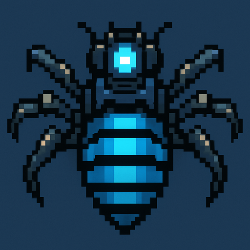 top down pixel art of an aggressive war drone with blue wasp stripes with a blue light on top.
In-Game asset.  2d.  High contrast.  No shadows