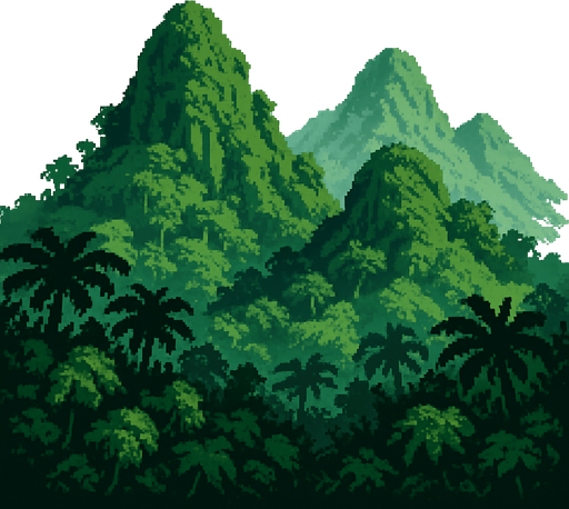 Generame una montañas de selva pixelar en fondo blanco, cercanas.
In-Game asset.  2d.  High contrast.  No shadows