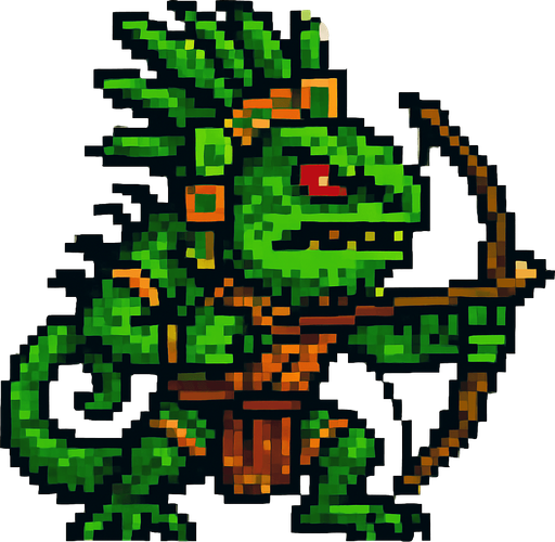 Genérame una Iguana Verde guerrero azteca con eso patrones, estilo pixelar, con una apariencia maligna, ojos rojos, rabioso. Unidad a distancia, con un arco o cerbatana. Animal.
In-Game asset.  2d.  High contrast.  No shadows