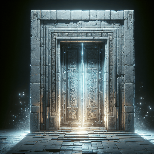 La porte d'Exit est un portail mystérieux et imposant qui se distingue par son atmosphère énigmatique. Elle est située à la fin du labyrinthe, là où la lumière semble devenir plus intense et où le suspense atteint son apogée.

    Structure : La porte est massive, faite de pierres anciennes et usées par le temps, avec des gravures mystérieuses sur les côtés. Elle semble être une sorte de portail magique, ses bords ornés de runes qui brillent faiblement dans l'obscurité. Les gravures changent légèrement lorsque le joueur s'en approche, comme si elles réagissaient à la présence du héros.

    Couleurs et lumière : L'exit émet une lumière douce mais persistante, un halo qui contraste fortement avec l'obscurité du reste du labyrinthe. La lumière n'est pas chaude, mais plutôt froide, avec des tons de bleu pâle et d'argent. Cela donne à la porte une allure à la fois apaisante et étrange. De petites étincelles flottent autour de la porte, comme si une force invisible était à l'œuvre..
Single Game Texture.  In-Game asset.  2d.  Blank background.  High contrast.  No shadows