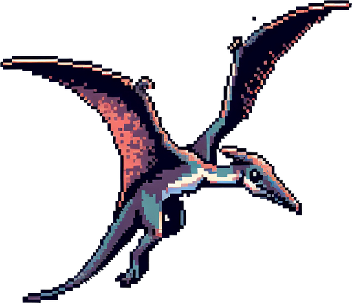 pixel art pterodactyl flying.
Single Game Texture. In-Game asset. 2d. Blank background. High contrast. No shadows.