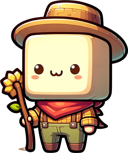 A little farmer that is comically square shaped..
Single Game Texture. In-Game asset. 2d. Blank background. High contrast. No shadows.